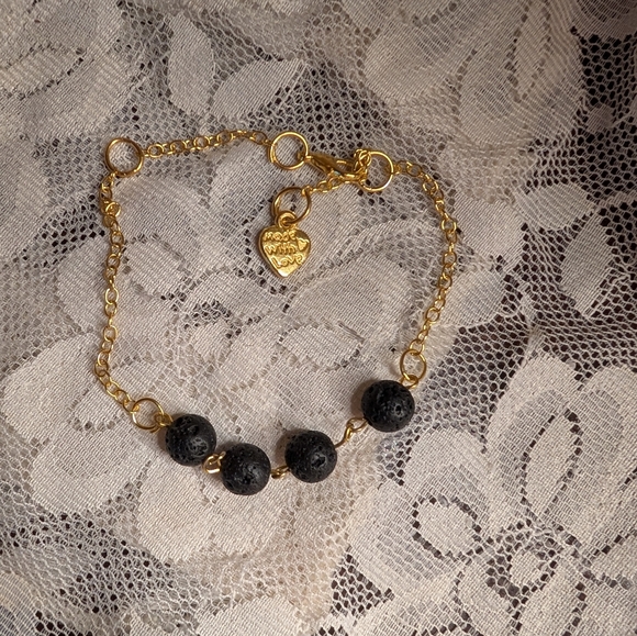 Hand Crafted Gold Plated and Black Lava Beads Bracelet/Anklet - Picture 1 of 5